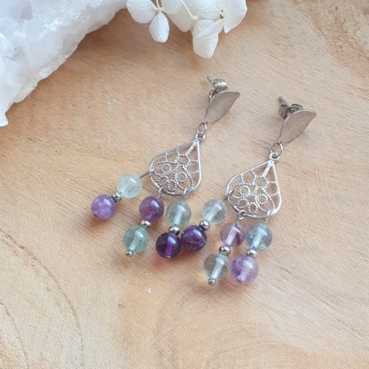 Boucles d'oreilles en fluorite fluorine lithothérapie pierres naturelles minéraux bijoux artisanat de France