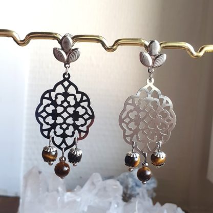 Boucles d'oreilles en oeil de tigre lithothérapie pierres naturelles minéraux bijoux artisanat de France