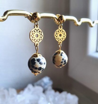 Boucles d'oreilles en jaspe dalmatien quartz fumé lithothérapie pierres naturelles minéraux bijoux artisanat de France