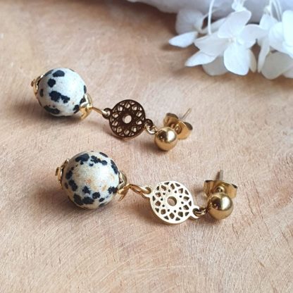 Boucles d'oreilles en jaspe dalmatien quartz fumé lithothérapie pierres naturelles minéraux bijoux artisanat de France