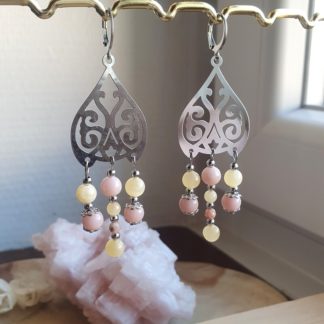 Boucles d'oreilles en opale rose et calcite jaune lithothérapie pierres naturelles minéraux artisanat bijoux