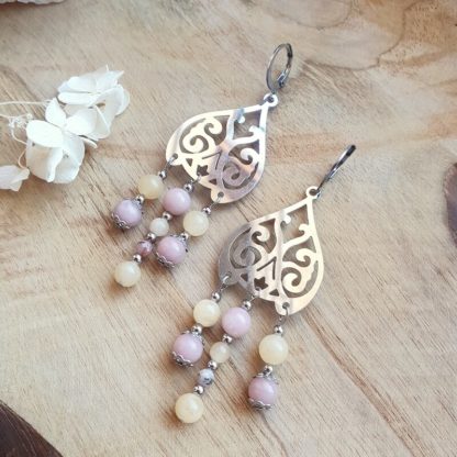 Boucles d'oreilles en opale rose et calcite jaune lithothérapie pierres naturelles minéraux artisanat bijoux