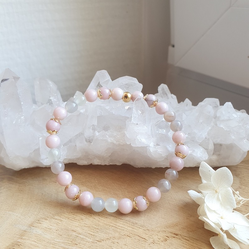 Bracelet en pierre de lune et opale rose lithothérapie bijoux pierres naturelles artisanat made in france pierres véritables fait main