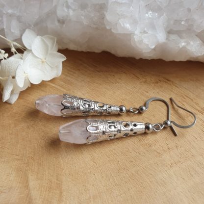 Boucles d'oreilles en quartz rose lithothérapie pierres naturelles minéraux bijoux artisanat de France