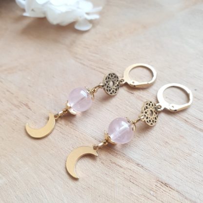 Boucles d'oreilles en quartz rose lithothérapie pierres naturelles minéraux bijoux artisanat de France