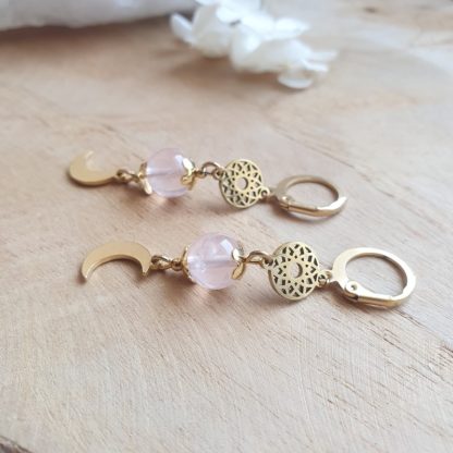 Boucles d'oreilles en quartz rose lithothérapie pierres naturelles minéraux bijoux artisanat de France