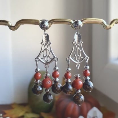 Boucles d'oreilles en bronzite et jaspe rouge bijoux pierres naturelles lithothérapie artisanat français