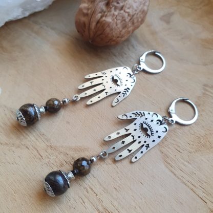 Boucles d'oreilles en bronzite bijoux pierres naturelles lithothérapie artisanat français