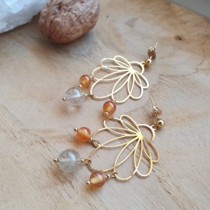 Boucles d'oreilles en cornaline et quartz rutile bijoux pierres naturelles lithothérapie artisanat français