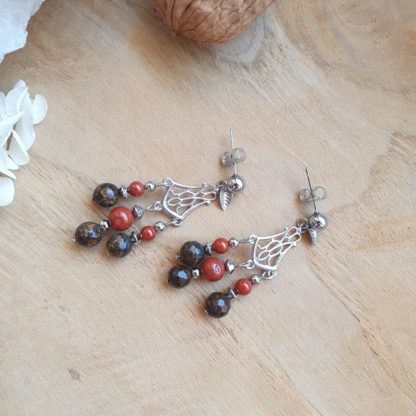 Boucles d'oreilles en bronzite et jaspe rouge bijoux pierres naturelles lithothérapie artisanat français