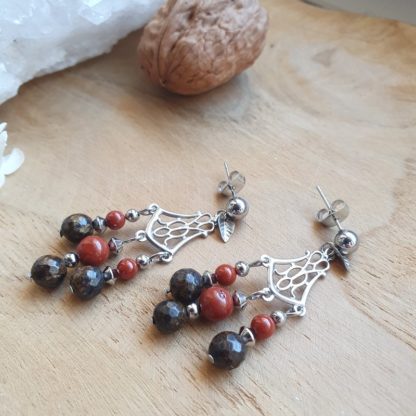 Boucles d'oreilles en bronzite et jaspe rouge bijoux pierres naturelles lithothérapie artisanat français