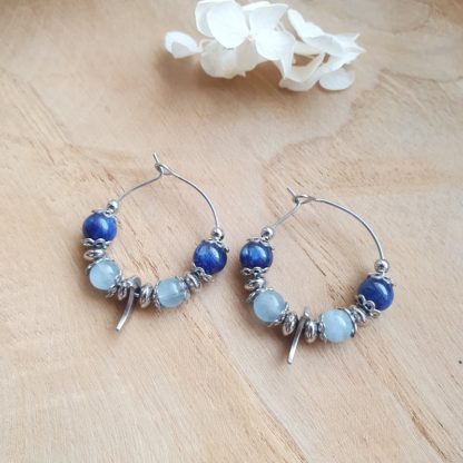 Boucles d'oreilles en cyanite et aigue marine bijoux pierres naturelles lithothérapie