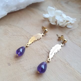 Boucles d'oreilles en améthyste bijoux pierres naturelles lithothérapie minéraux artisanat idée cadeau femme