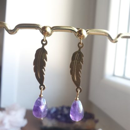 Boucles d'oreilles en améthyste bijoux pierres naturelles lithothérapie minéraux artisanat idée cadeau femme