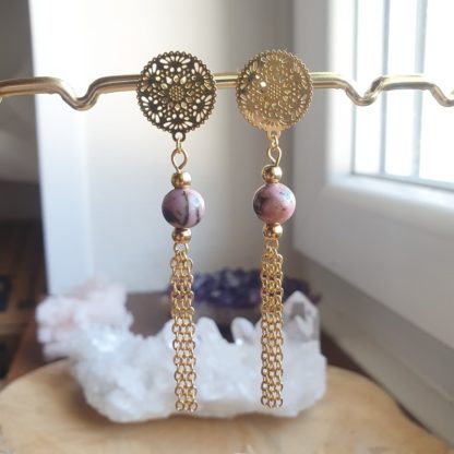 boucles d'oreilles en rhodonite bijoux pierres naturelles lithothérapie minéraux artisanat idée cadeau femme