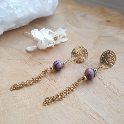 boucles d'oreilles en rhodonite bijoux pierres naturelles lithothérapie minéraux artisanat idée cadeau femme