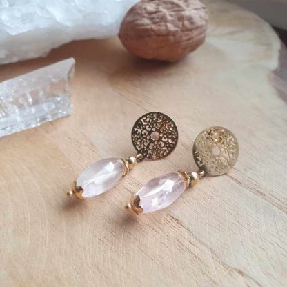 Boucles d'oreilles en quartz rose lithothérapie bijoux pierres naturelles minéraux cadeau femme