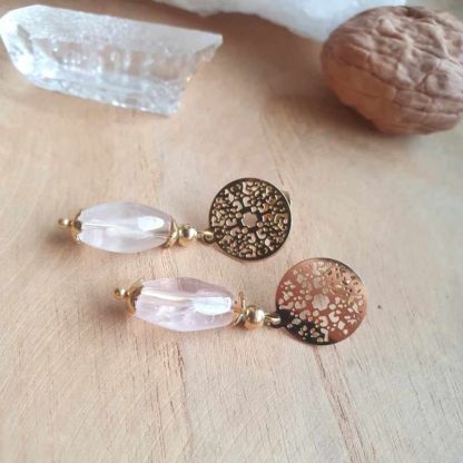 Boucles d'oreilles en quartz rose lithothérapie bijoux pierres naturelles minéraux cadeau femme