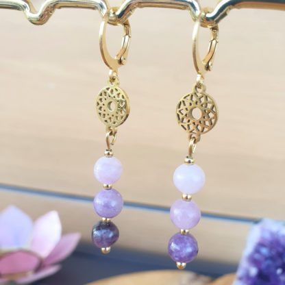 boucles d'oreilles en lepidolite bijoux en pierres naturelles lithothérapie