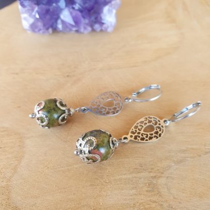 boucles d'oreilles en epidote unakite bijoux en pierres naturelles lithothérapie