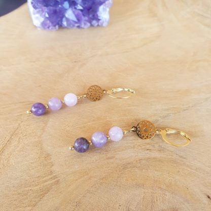 boucles d'oreilles en lepidolite bijoux en pierres naturelles lithothérapie