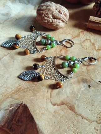 Boucles d'oreilles en serpentine et oeil de tigre - Téa